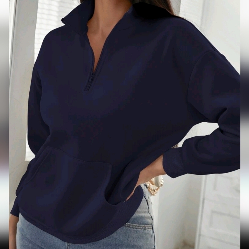 Women Quarter Zip Drop Shoulder Navy Blue Pullover Sweater Size S